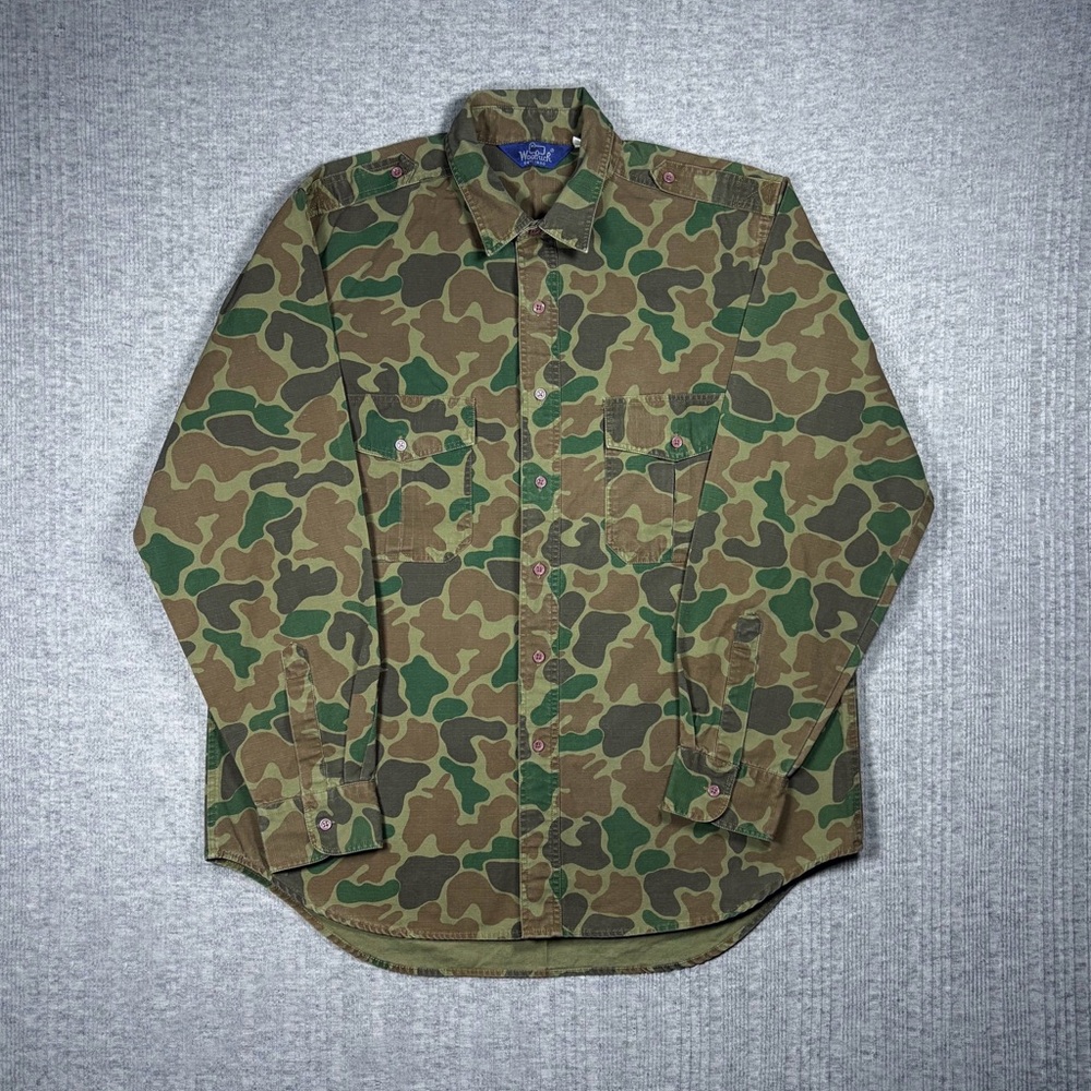 Vintage Woolrich Duck Camo Button Up Shirt Heavy Canvas Mens Size Large 80s